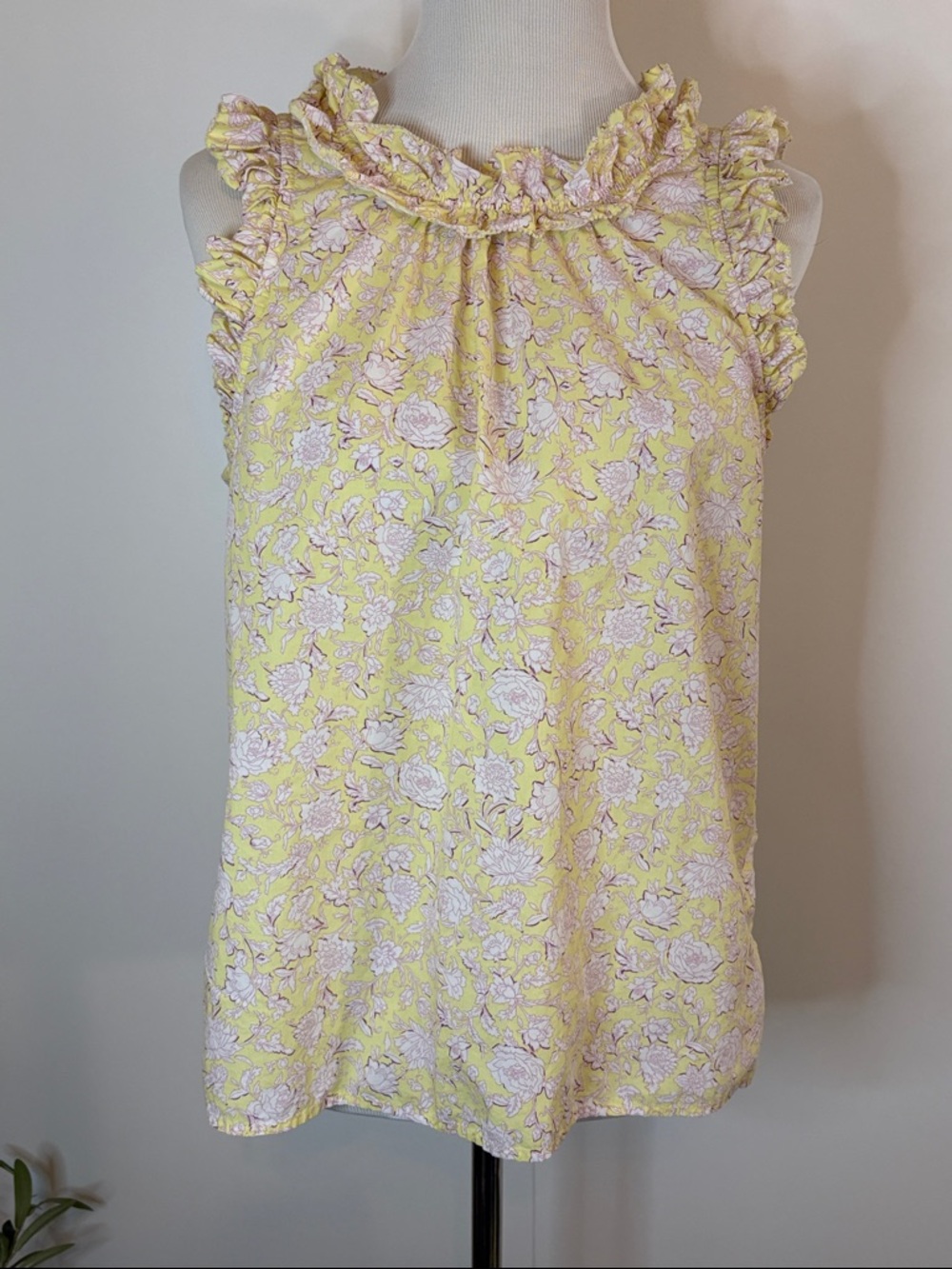 J. Crew Yellow Floral Ruffle Neck Sleeveless Top